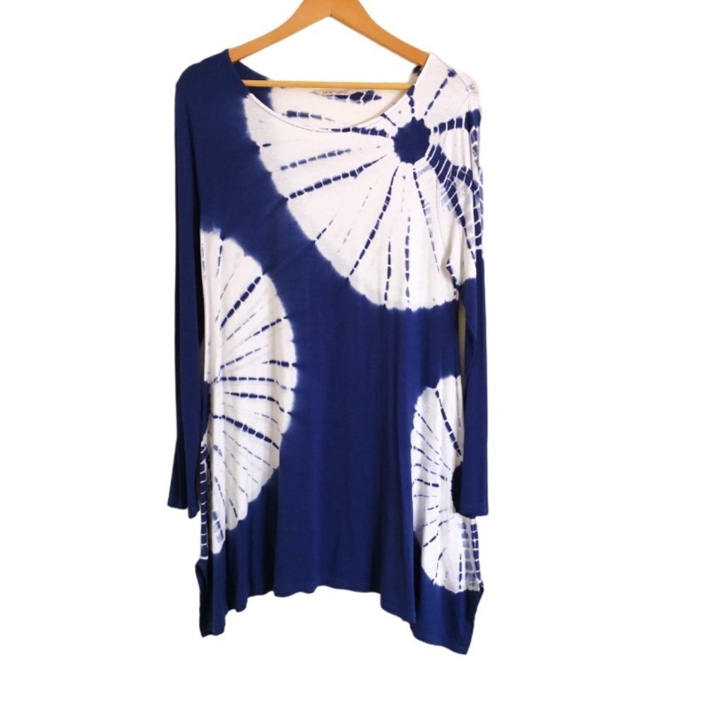 Soft Surroundings Boho Tie Dye Shark Bite Hem‎ Tunic Top Blue/White Size M